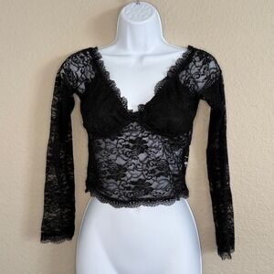 Womens Medium Black Whimsigoth Floral Sheer Lace Babydoll Festival Crop Top